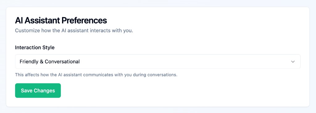AI assistant preference settings in AccomplishMint