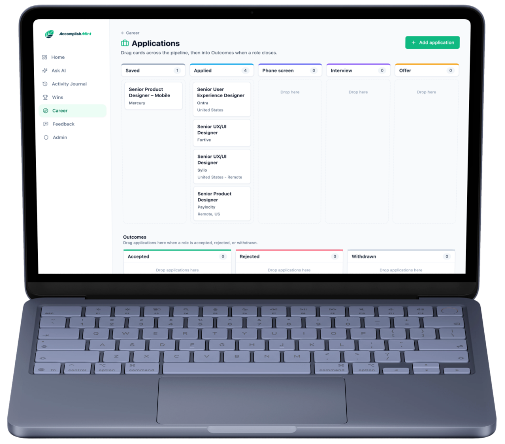 AccomplishMint Applications kanban board on web