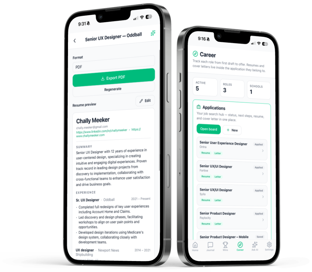 AccomplishMint Career hub and resume export on iOS — track applications and export tailored PDFs