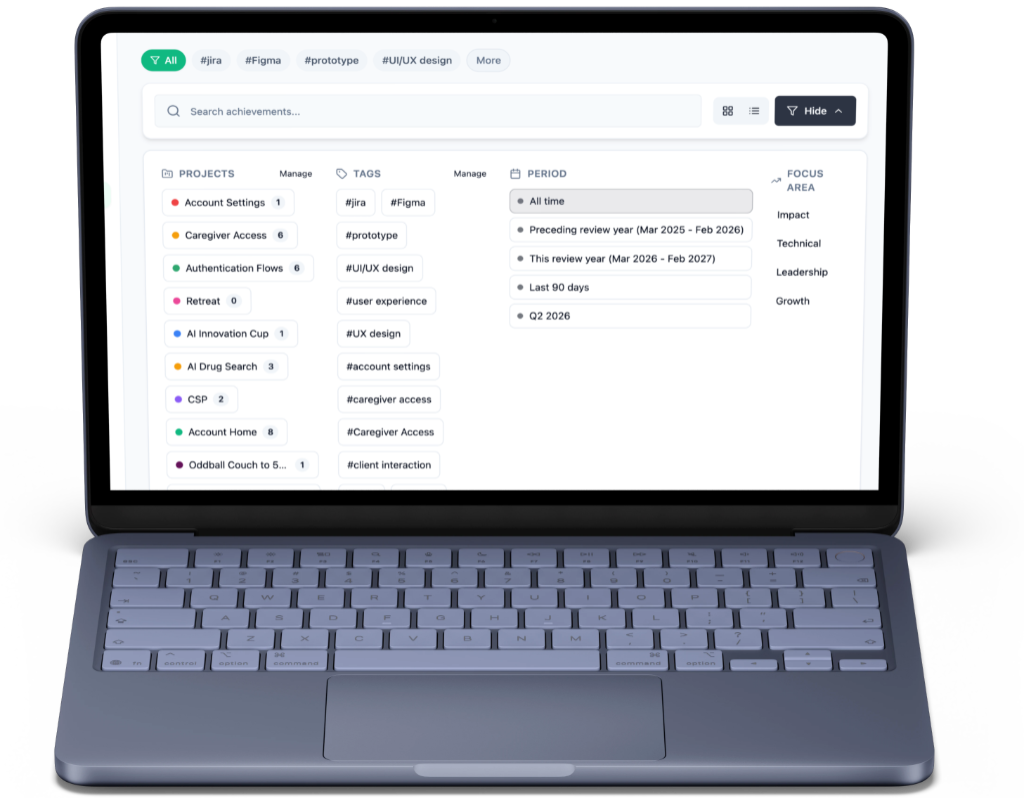 AccomplishMint Wins timeline filter panel showing projects, tags, review periods, and focus areas